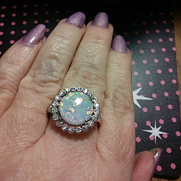 SOLD Sz 9 created opal and white sapphire halo ring - Picture 3 of 4